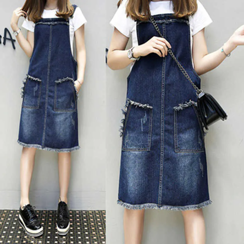 Tassel Patchwork Fickor Kvinna Sommar Casual Denim Klänning Student Midi Blue Vest Dresses Sundress Loose Plus Size Women Clothing 210604