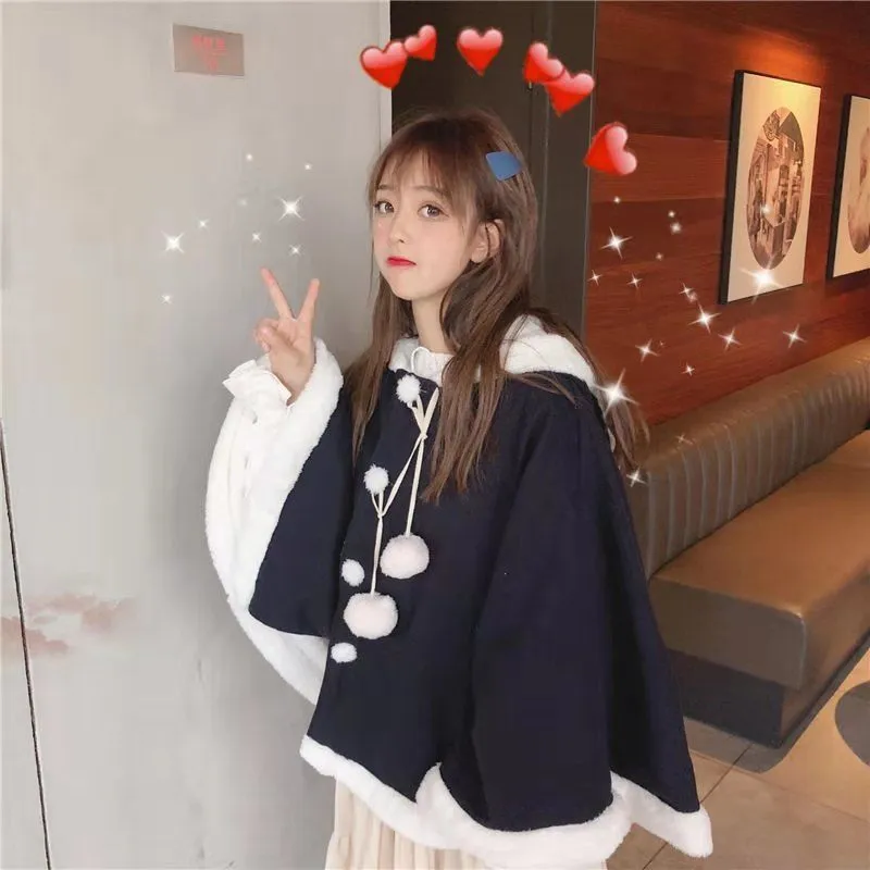 Japonais Kawaii Harajuku Sweat à capuche Cape Cape Lâche Pull Batwing Manches Sweat à capuche Manteau Automne Mignon Poncho 210519