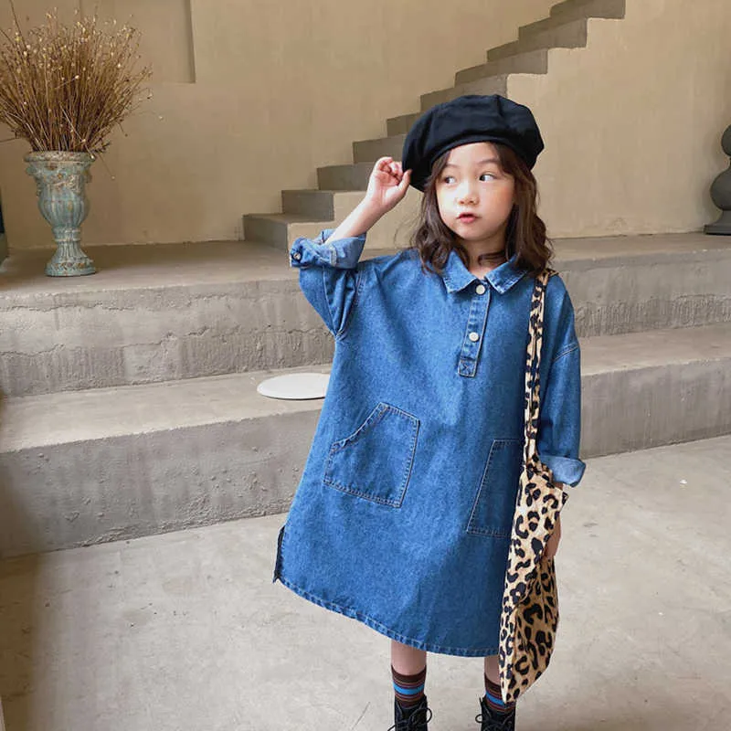 Vestito in denim ragazze Autunno Inverno Moda bambini Risvolto coreano Abiti da principessa tascabili 3-7 anni Abiti casual bambini Q0716
