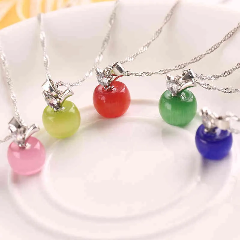 Apple Naturstein Anhänger Kristall Halskette Silber Überzogene Quarz Perlen Halsketten Mode Schmuck für Weibliche Frauen Geschenk G1206
