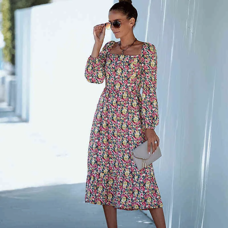 2022 Printemps Nouvelle robe à manches longues Été Femmes Robe longue Dames Élégant Doux Col Carré Imprimé Floral Slim Vacances Sundress Y1204