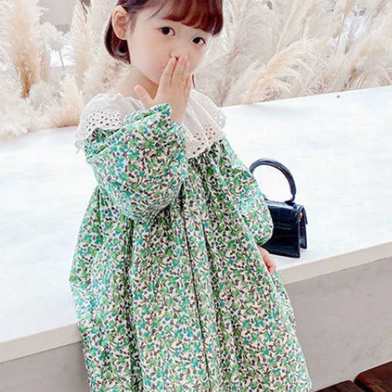 春の夏の女の子のドレス韓国風ロングパフスリーブフローラルかわいい人形襟の赤ちゃん子供子供の服210625