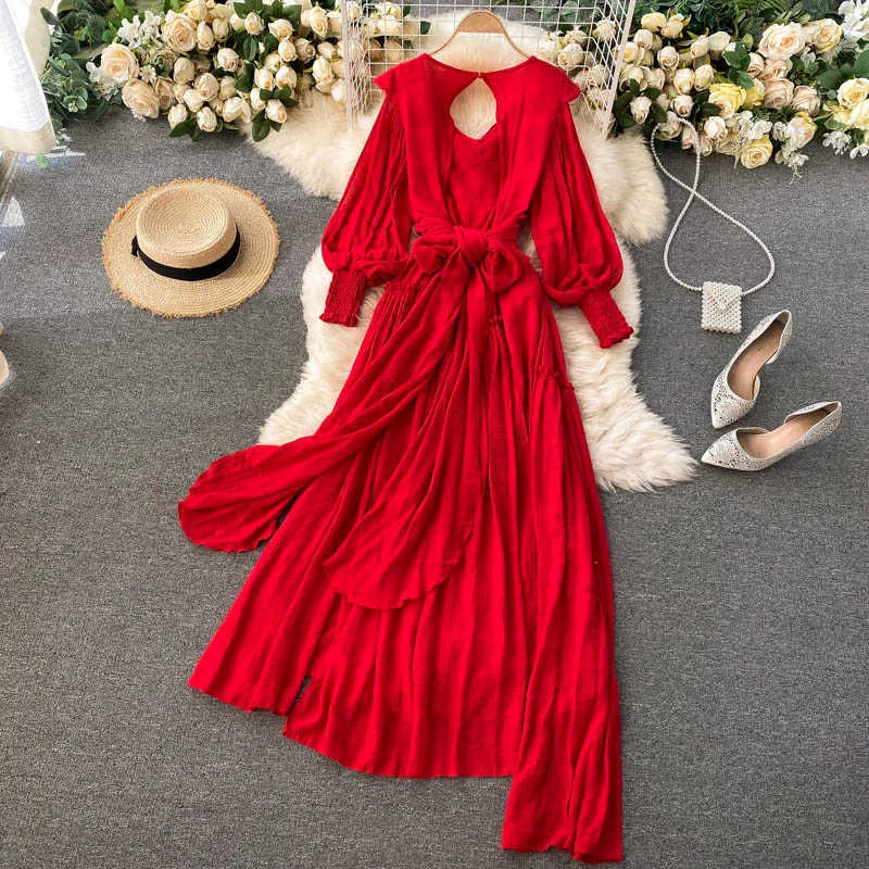 Spring Autumn Red Long Dress Women Sexy V-Neck Lantern Long Sleeve High Waist Open Back Bandage Maxi Vestidos Female New Fashion Y0603