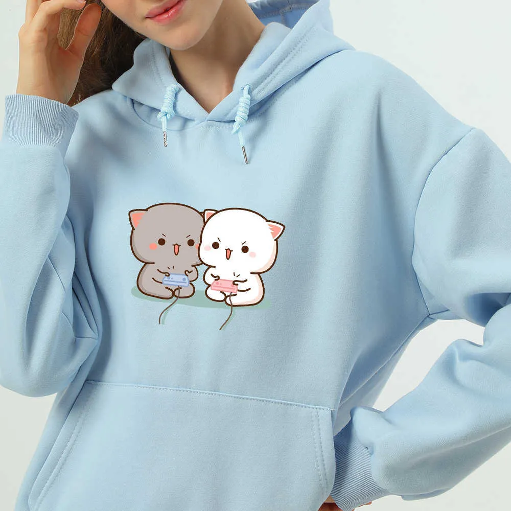 Schattige kat bedrukte hoodies dames herfst los sweatshirt vrouw zelf Harajuku kawaii capuchon pullover dikker paarjacht y0820