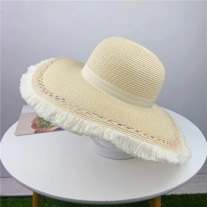 Береты Летние полые дышащие ручной работы широкий Breim негабаритные пляжные шапки для женщин большая соломенная шляпа УФ-защита складной оттенок солнца