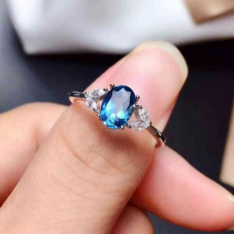 Ring mit natürlichem Topas, S925-Sterlingsilber, natürlicher Londoner Blautopas, Edelsteinring für Damen, schlichter Stil-Ring 2202096667465