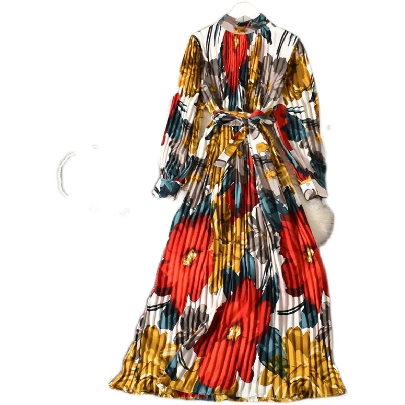 Kimutomo Primavera Vacanza Al Mare Maxi Vestito Delle Donne Casual Foglia Stampa Elegante Collare Del Basamento Manica Lunga A Vita Alta Abiti 210521