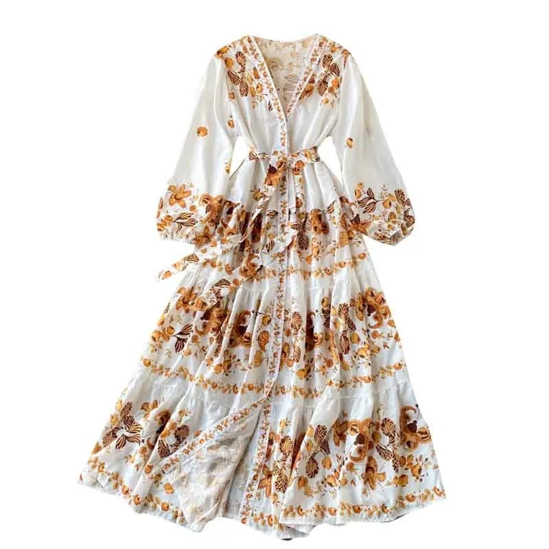 Frühling Herbst Damen Kleider Retro Palace Stil Bedrucktes V-Ausschnitt Kleid Einreiher Schnürung Taille Slim LL942 210506