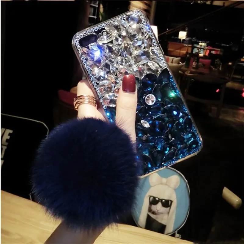 Bling Crystal Diamond Fox Fur Ball Pendant Case Cover For Iphone 11/12 Pro Max XS Max XR X 8 7 6S Plus Samsung Galaxy Note 9/10 S8/9/10 Plus