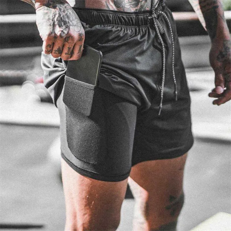 2 In 1 Gyms Shorts hommes Summer Casual Beach Homme Security Pocket Elastic Taist Fashion Boardshorts Plus taille 3xl 210714
