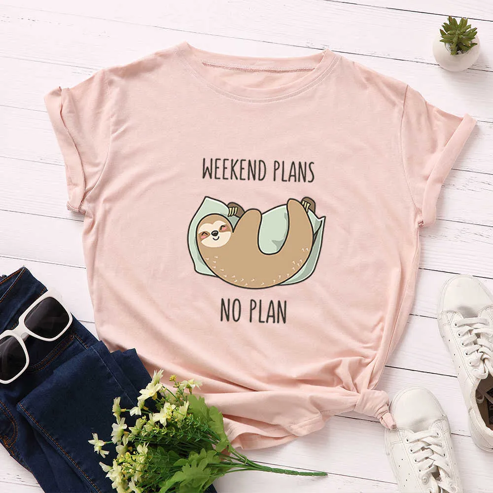 100% bawełna kobiety T-shirt Lazy Sloth Weekend Plany Nie Plany Drukuj O-Neck Krótki Rękaw Summer Samice Tees Top W739 210526