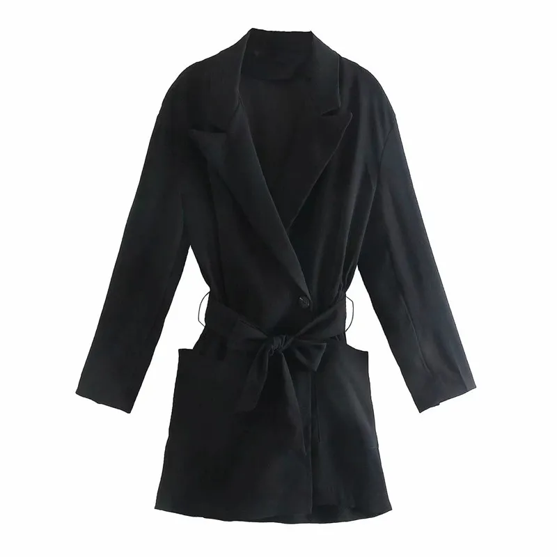 Robe Femmes Ceinture Noir Mini Blazer Femme Mode Poche Bureau Porter Wrap À Manches Longues Dames Élégantes es 210519