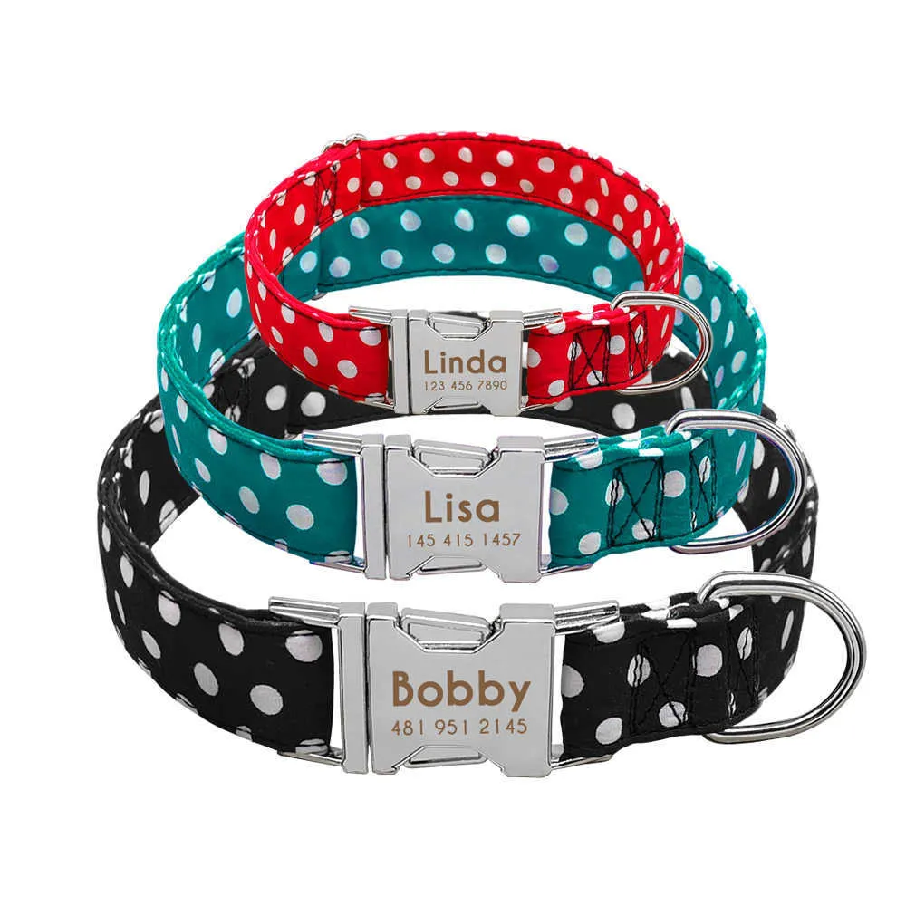 Dog Collar Custom Nylon Pet Polka Dot Collar Walking Leash Set Personalized Puppy Nameplate ID Tag Collars Adjustable Engraved 210729