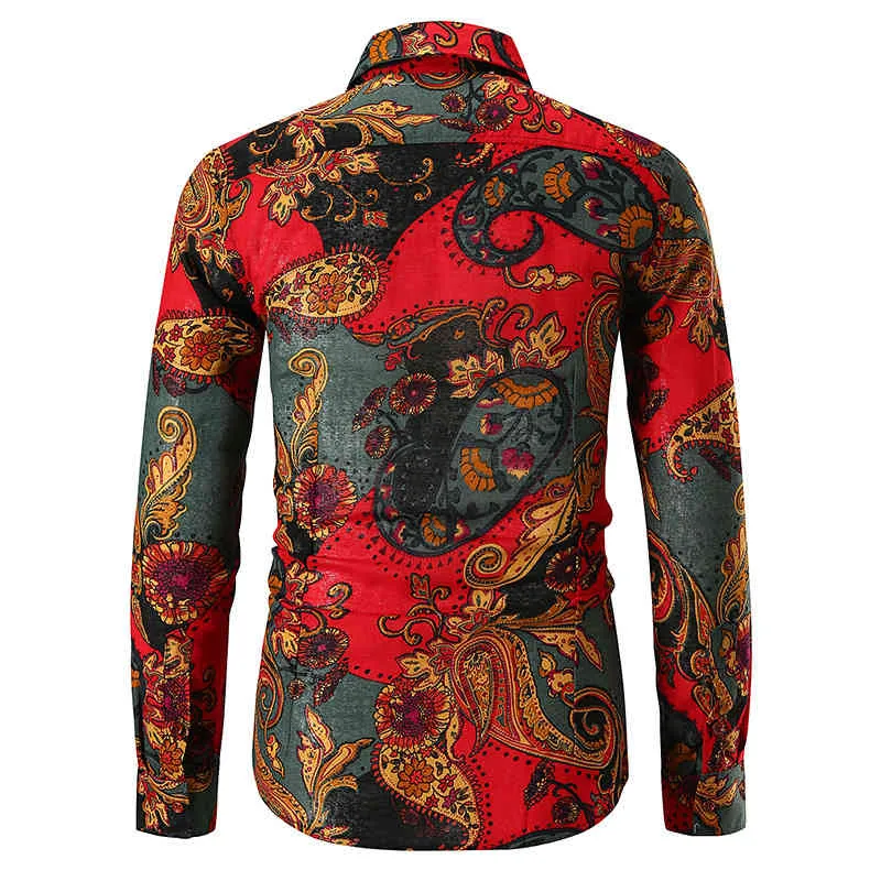 Retro Colorful Paisley Floral Printed Shirts for Men Cashew Flowers Mens Long Sleeve Shirt Casual Slim Fit Chemise Homme 210524