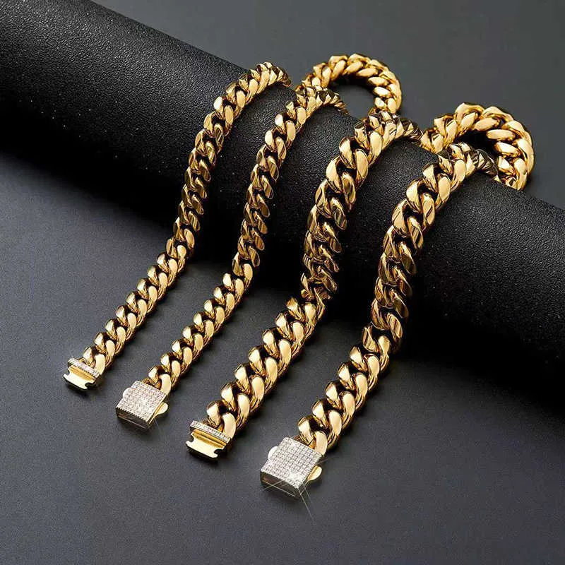 6-14 mm breda rostfria kubanska Miami-kedjor Halsband CZ Zircon Box Lås Stor Tung Guldkedja Herr Hip Hop Rapper smycken