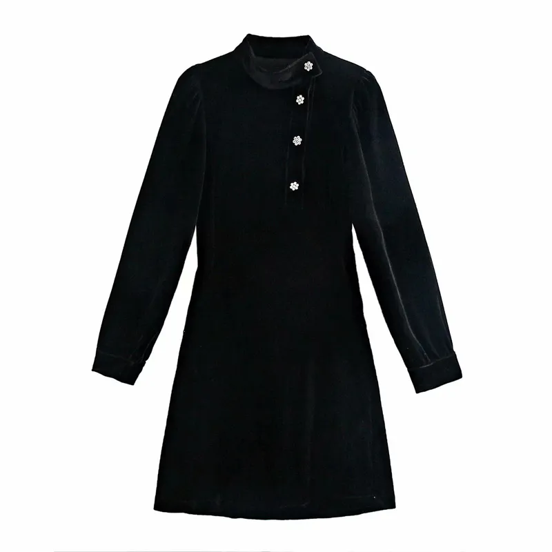 Kadın Yaz Kadife Katı Mini Elbise Uzun Kollu Düğmeler Vintage Kadın Zarif Elbiseler Giyim Vestidos She8259 210513