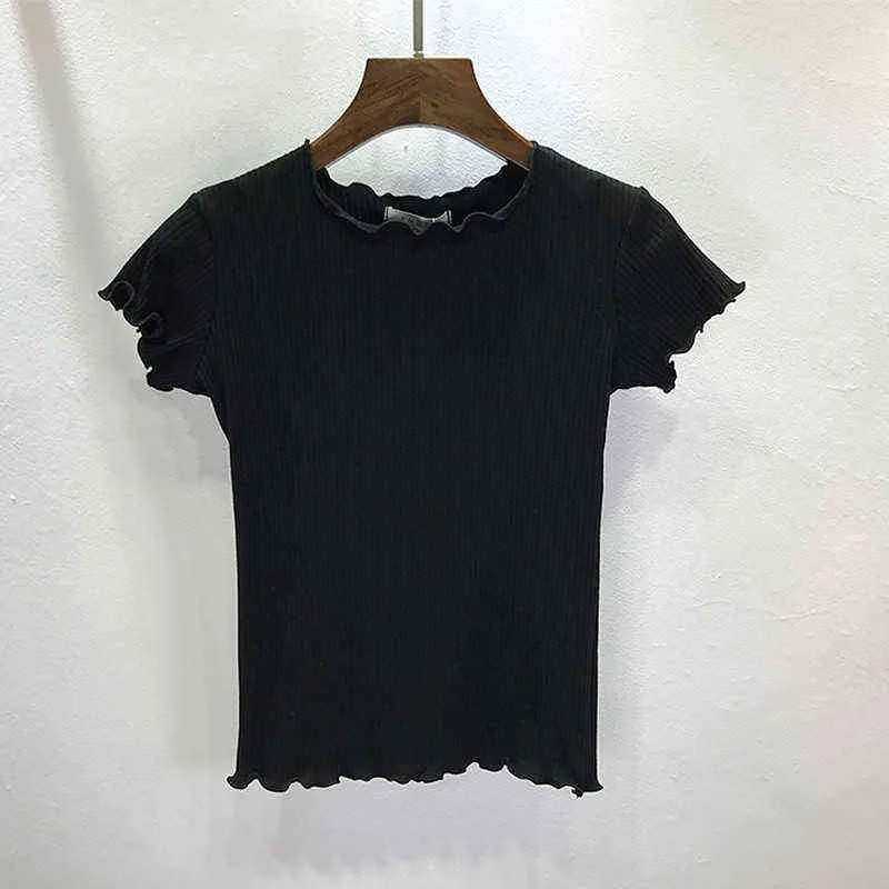 Tees Kvinnor Ruffled Shirt Trimmings Ribbed Crop Tops Solid Fashion Short Sleeve Mjuk och stretchig kort T-shirt Kvinna Beskära Toppar G220228