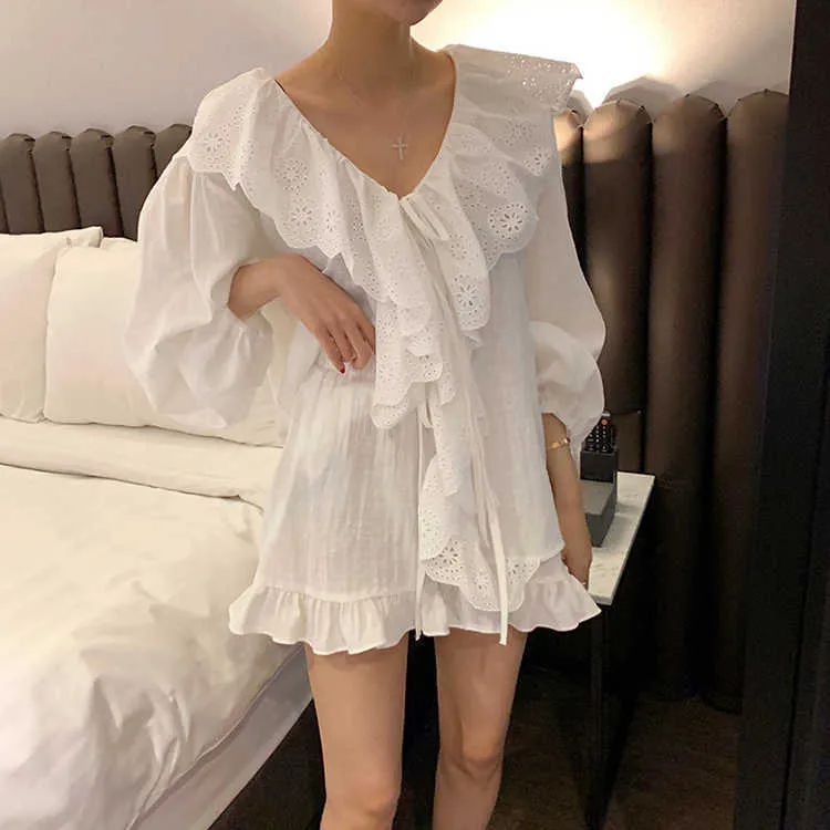 Summer Women's Embroidery Lace Linen Pajama Sets Tops+Shorts.Vintage Ladies Girl Ruffles Pyjamas set.Cute Lounge Sleepwear 210809