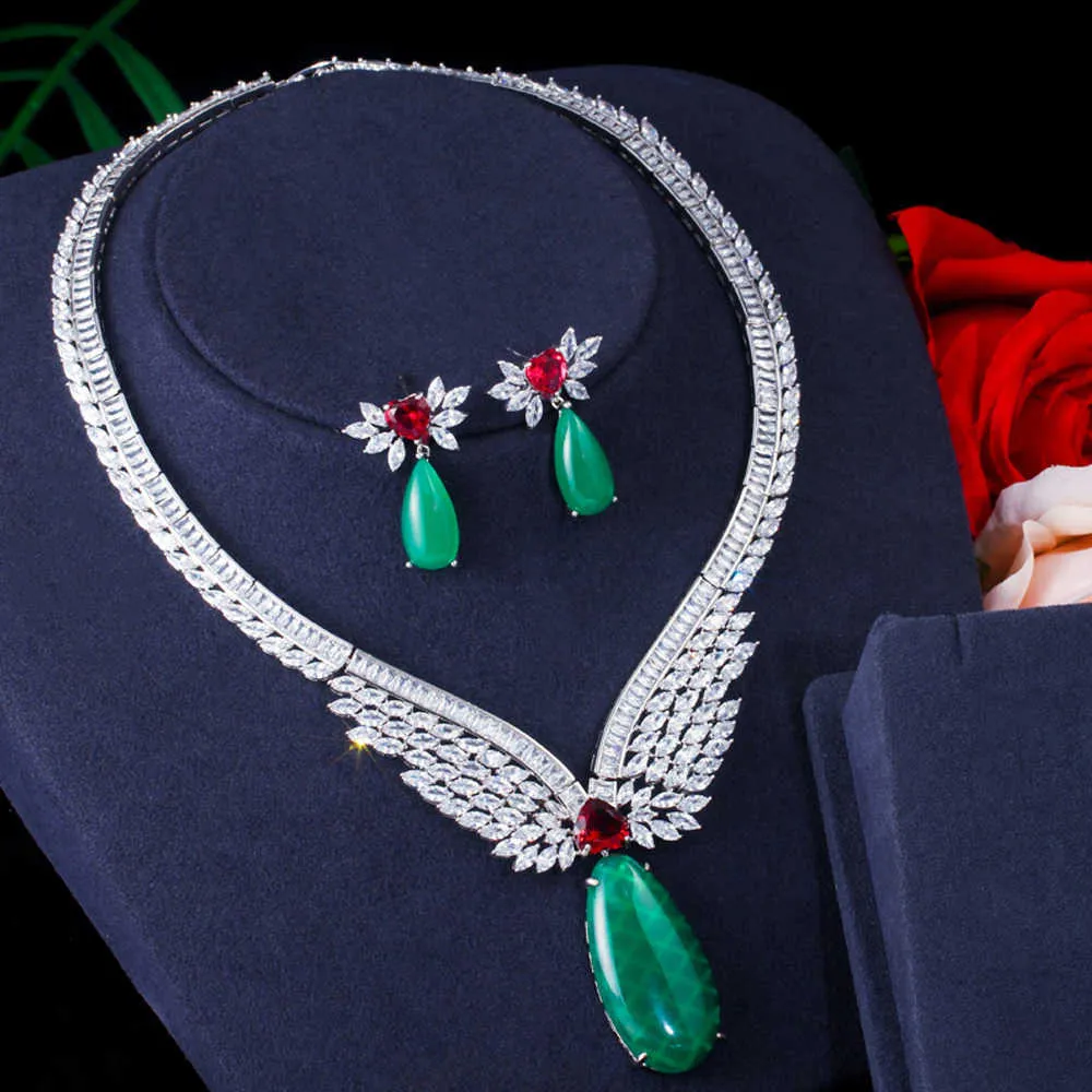 ThreeGraces Trendy Green CZ Zircon Stone Bridal Wedding Necklace Earrings Jewelry Sets for Women pendientes mujer moda JS640 H1022