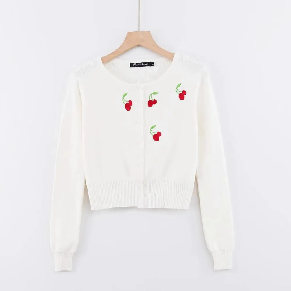 Primavera Francesa Bordado De Cerejeira Cardigan Cardigan Kawaii Retro Cropped Camisola Centro Centro Botões Mulher Manga Longa Curto Jumper 210429