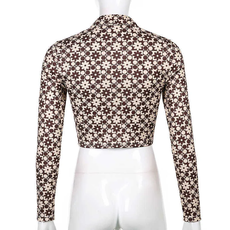Duena Langarm Braun Top y2k Vintage Ästhetik Blume Print Streetwear Button Up Crop Top Kragen T Shirt Frauen 2021 Y0621
