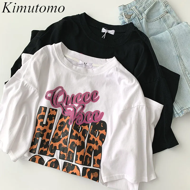 Kimutomo Casual Chic Baskı T-Shirt Lady Kore Moda Tüm Eşleşen Gevşek Kısa Kollu O Boyun Uzun Üst Yaz Streetwear Kadın 210521