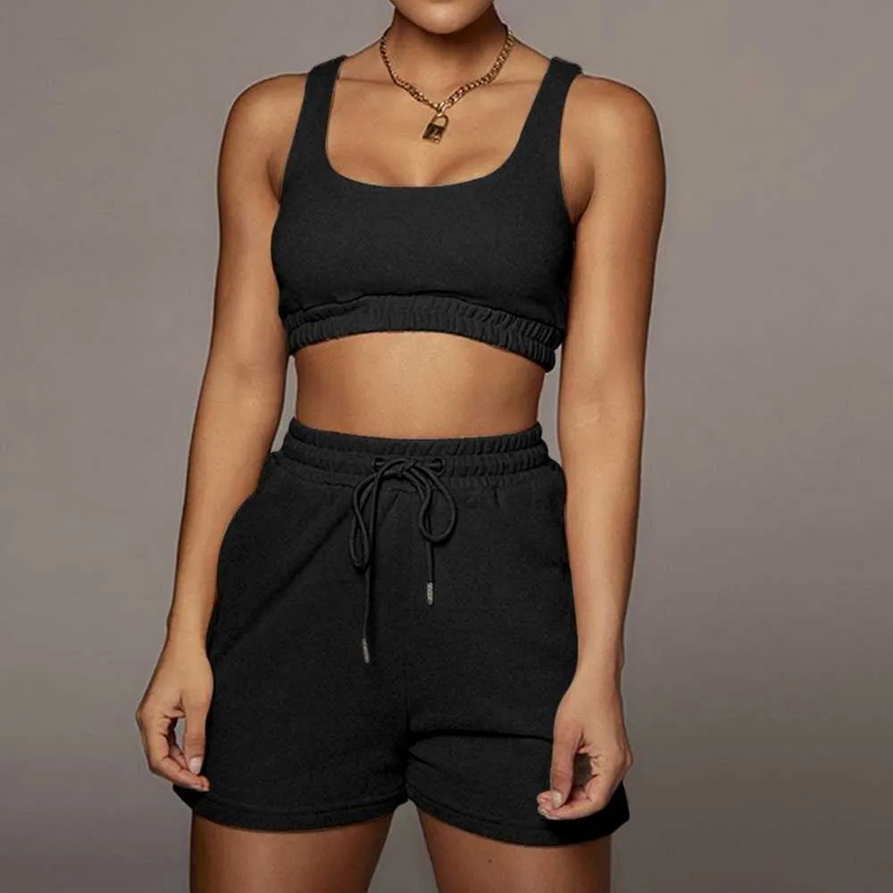 Casual Solid Sportswear Deux Pièces Ensembles Femmes Crop Top + Cordon Shorts Ensemble Assorti D'été Athleisure Tenues Femmes Shorts 210625