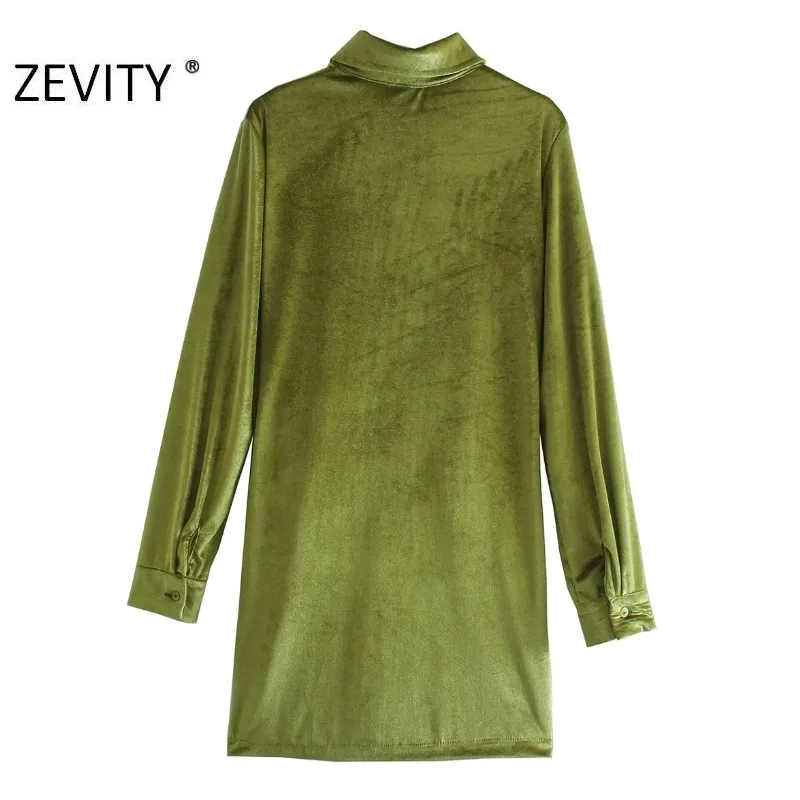 Zevity Autumn Fashion Women Orange Green Colorプリーツシングル胸のスリムシャツドレス女性長袖ベルベットベスティド210325