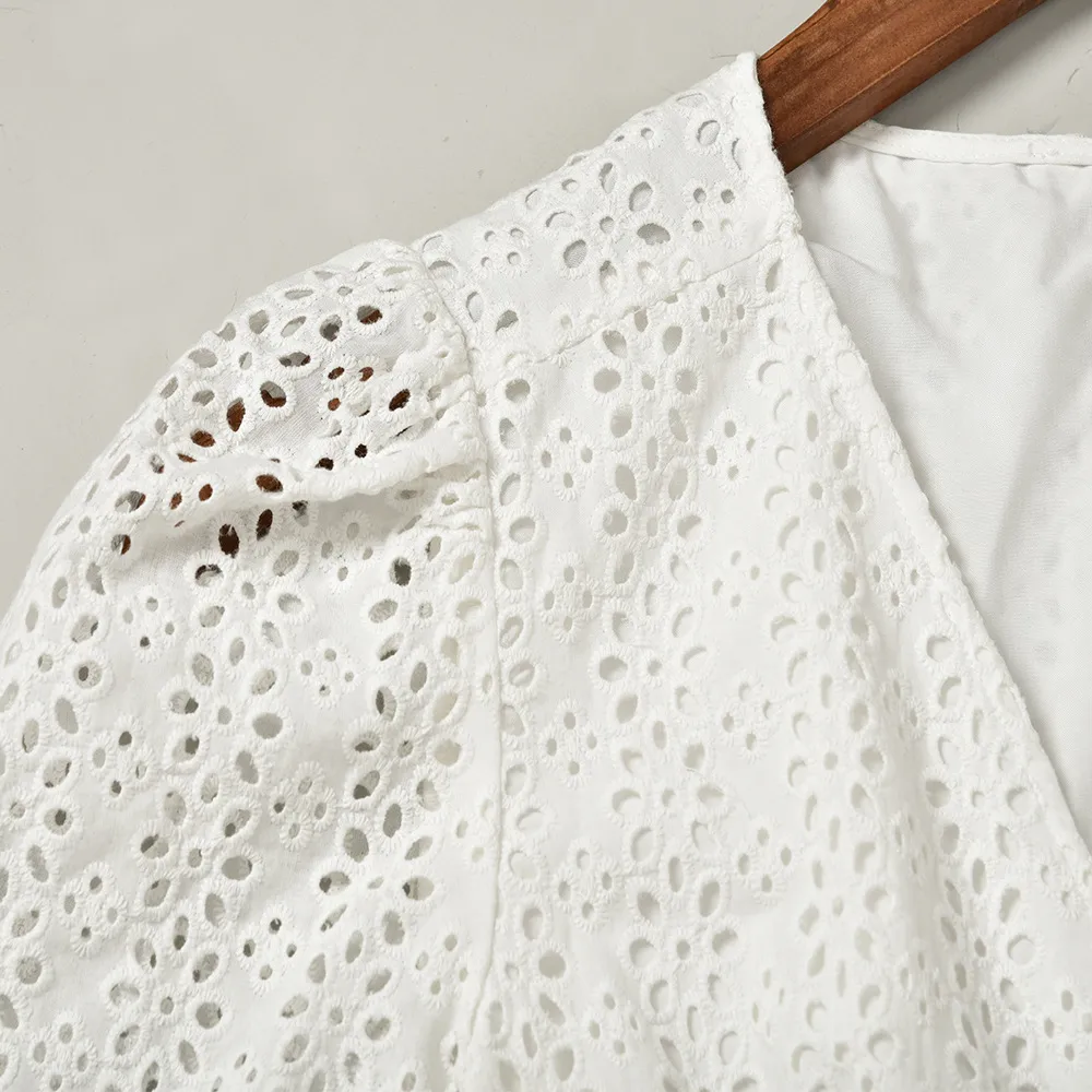 2021夏秋半袖Vネックホワイトドレスソリッドカラーコットン刺繍ボタンシングルブレスト女性ファッションドレスG127001