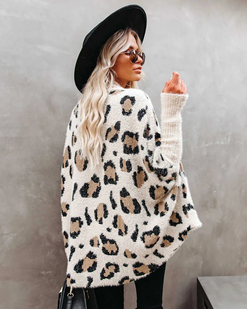 Fitshinling Fuzzy Leopard Long Cardigan 여성 보헤미안 슬림 Batwing 슬리브 양복 스웨터 여성용 Cardiagns 여성용 겨울 코트 210805