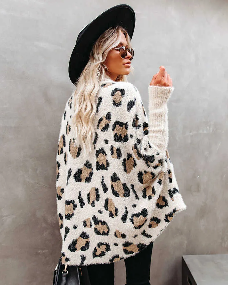 Fitshinling Fuzzy Leopard Long Cardigan Femme Bohème Slim Manches Chauve-Souris Chandails Surdimensionnés Cardiagns Pour Femmes Manteau D'hiver 210805