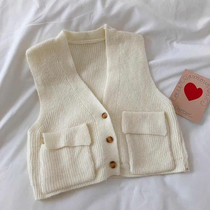 Ezgaga Knitted Sweater Vest Women New Fashion V-Neck Simple Pockets Sleeveless Cardigan Tops Outwear Waistcoat Casual 210430