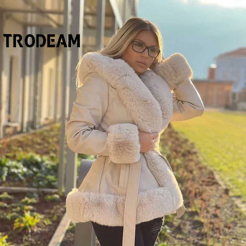TRODEAM Women's Winter Leather Jacket Stitching Faux Fur Collar Cuff Coat Belt Slim Elegant Warm Thick Overcoat Female 210916