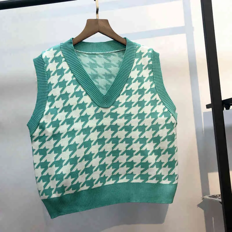 Vintage Plaid Gebreide Trui Vest Dames Harajuku Losse V-hals Pullover Gilet Suwer Mujer Casual Gilet 210519