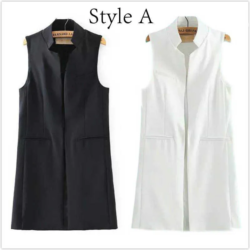 Junelove Blazer Casual Vest Waistcoat Women Stand Collar Long Suit Female Jacket Black Pockets Office Lady Work 210909