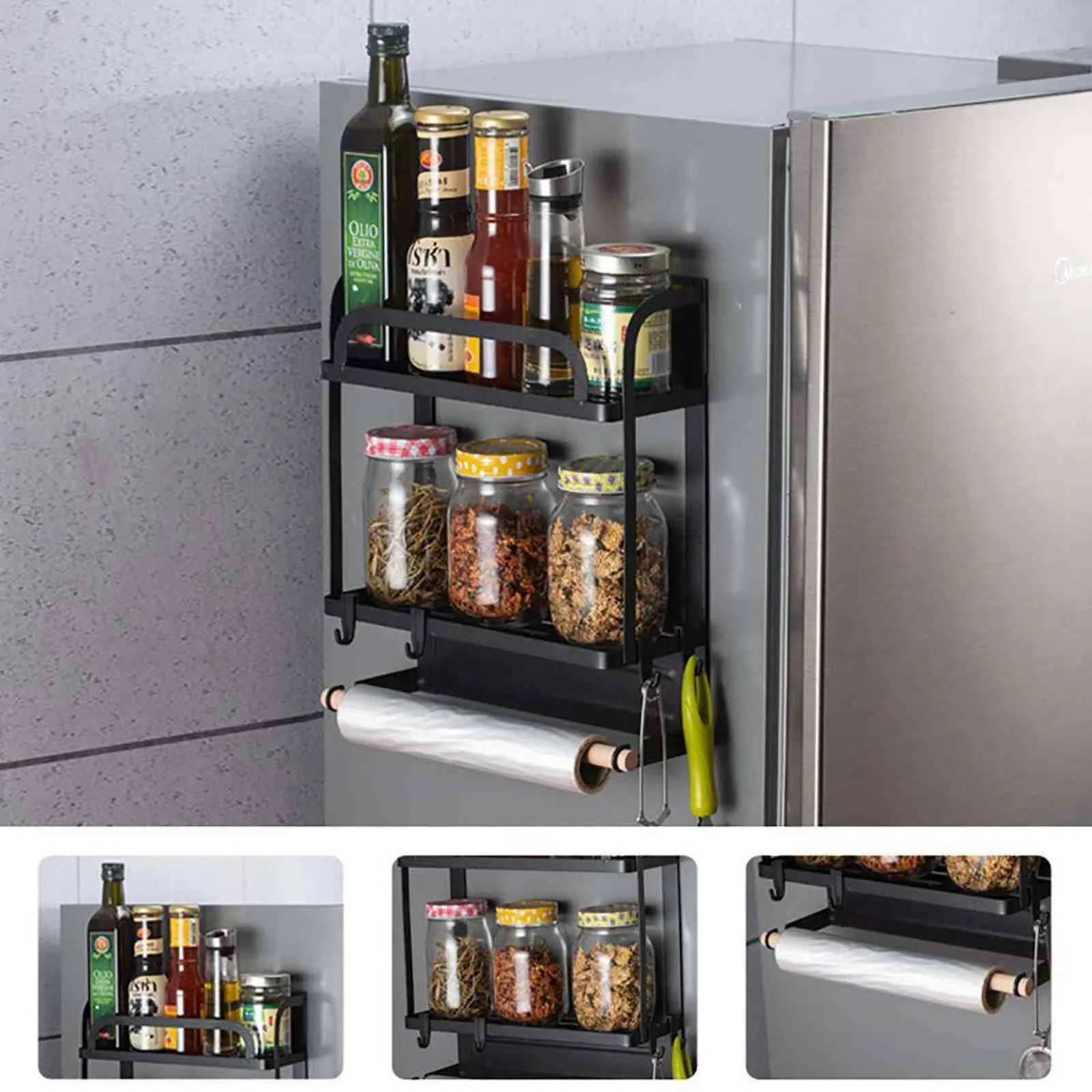 Organizador de cozinha Refrigerador Refrigerador Sidewall Suporte Multifuncional Domicílio Frigorífico Armazenamento Magnético 1/2 Tier 211112