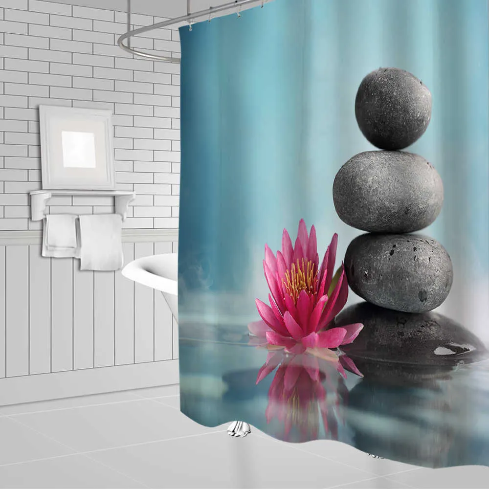 Zen-Duschvorhang, Badezimmerdekoration, 3D-Bambus, fließendes Wasser, grüner Bambus-Buddha, Duschvorhänge, wasserdicht, waschbar, Bildschirm 210609