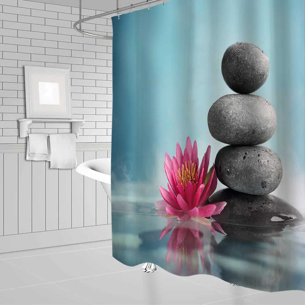 Zen Rideau De Douche Salle De Bains Décoration 3D Bambou Eau Courante Vert Bambou Bouddha Rideaux De Douche Étanche Lavable Écran 210609