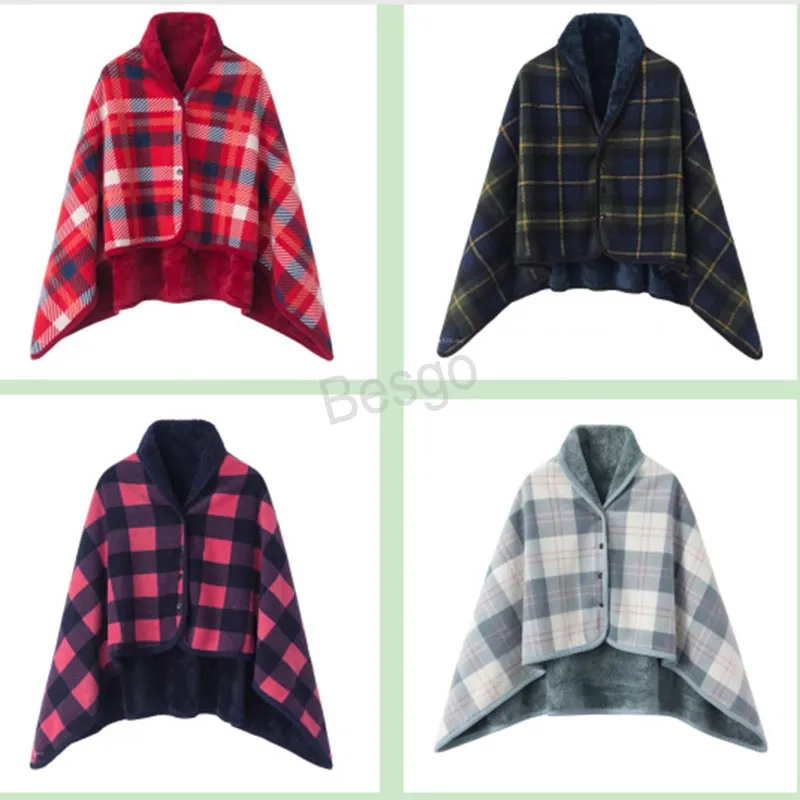 100*140cm Wearable Shawl Blankets Soft Polar Fleece Nap Keep Warm Blanket Apron Button Closure Grid Stripe Lattice Shawls BH5613 WLY