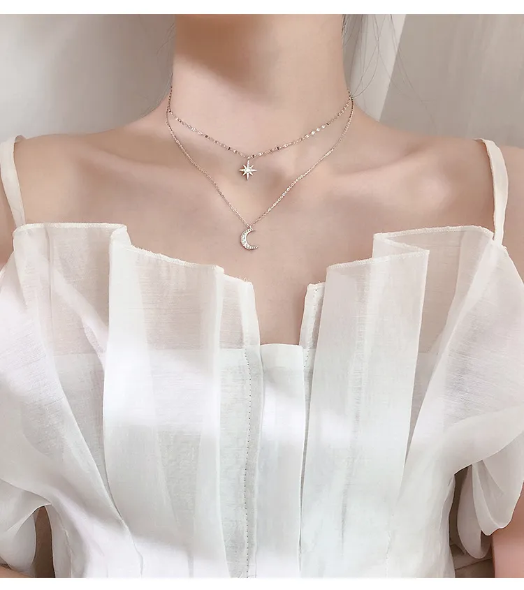Sipengjel moda dupla camada cadeia colar estrela e lua chore de verão gravata para mulheres minimalistas jóias 2021