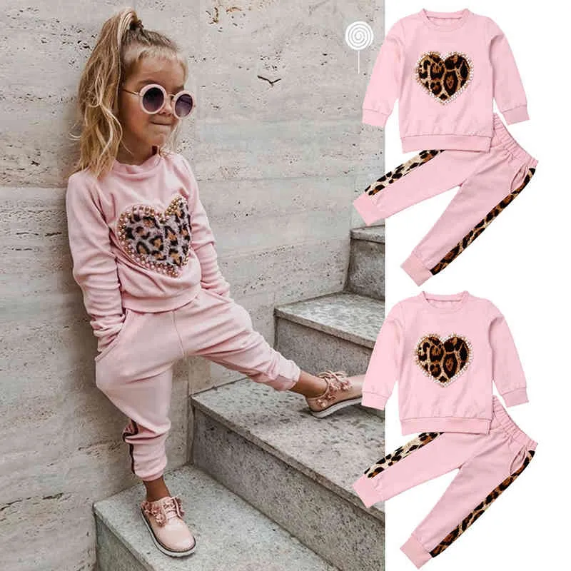 Toddler Baby Girl Höst Vinter Kläder Set Långärmad Leopard Sweatshirt Toppar + Byxor 2st Kids Outfits Kläder 210515