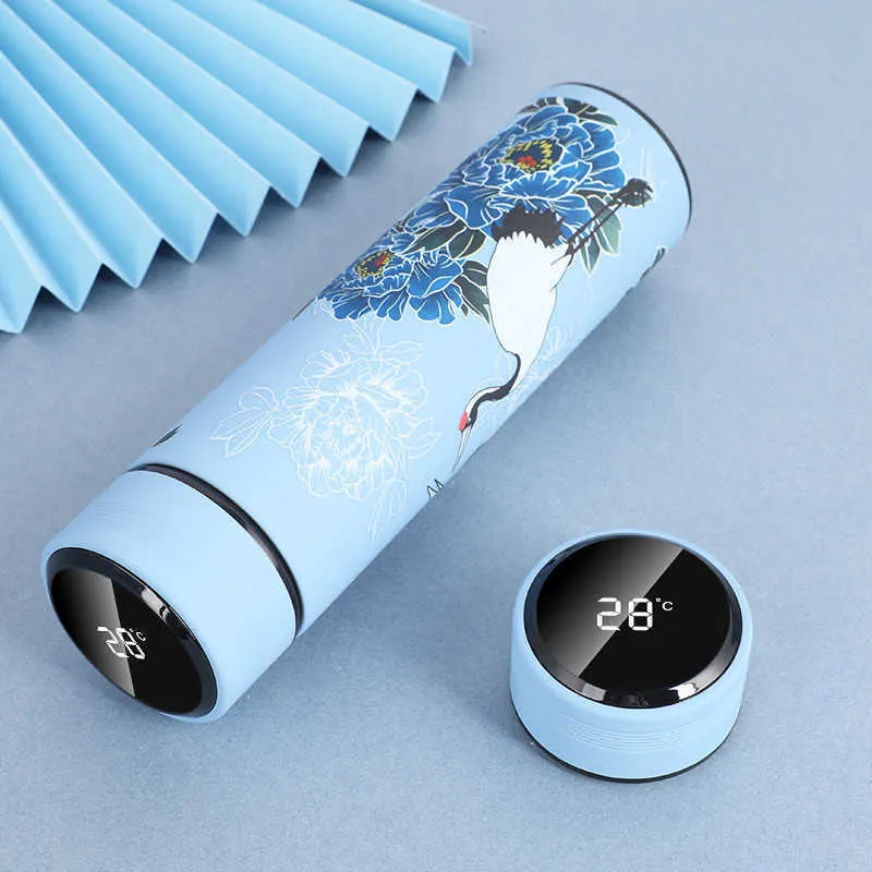 500ml Smart Thermos Temperature Display Smart Water Bottle Stainless Steel Chinese Pattern Style Travel Coffee Thermos