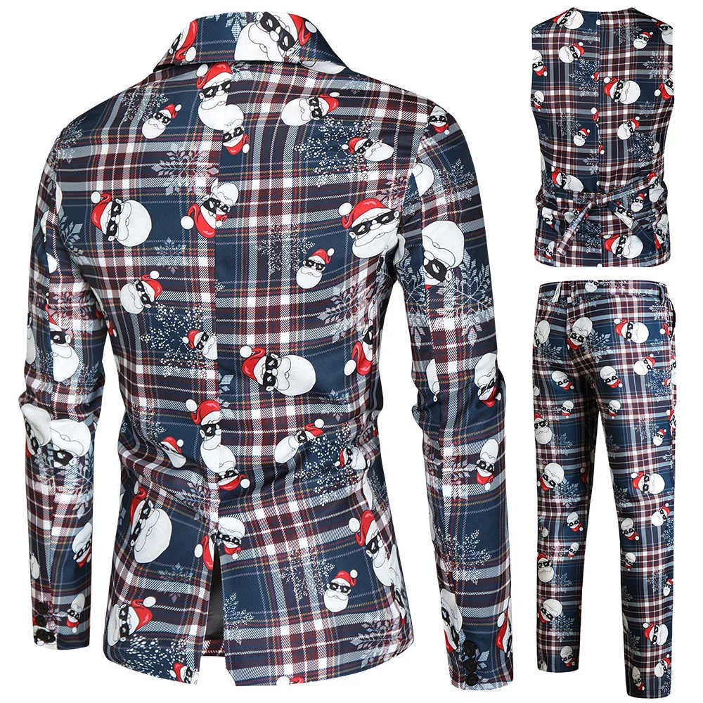 Santa Claus Printting Christmas Blazer Vest Pants Fashion One Breasted Slim Mens Striped Suit Set Terno Masculino M-4XL X0909