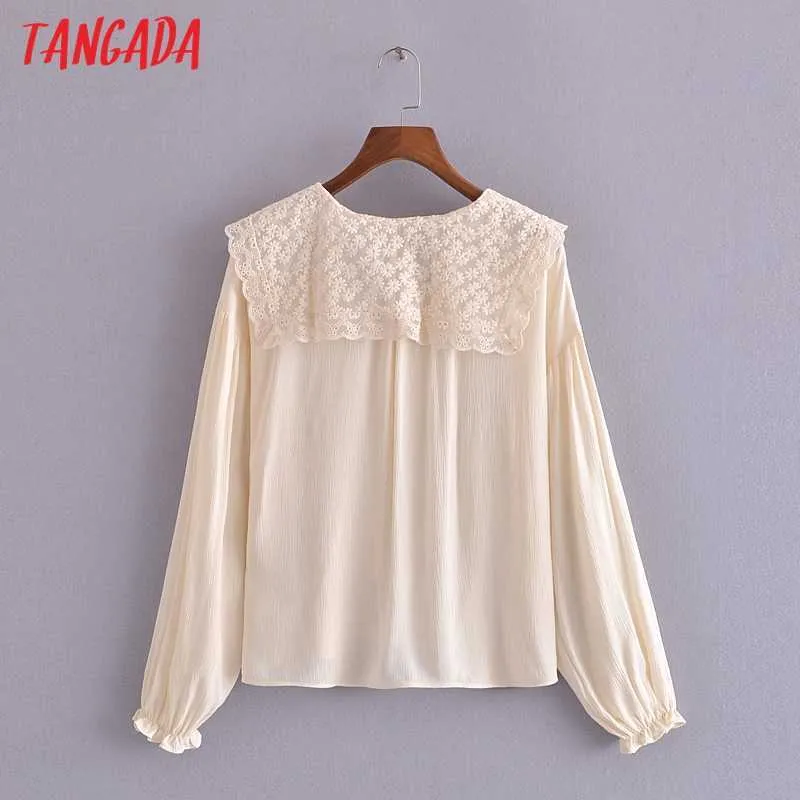 Tangada Frauen Retro Spitze Übergroßen Kragen Romantische Bluse Hemd Langarm Chic Weibliche Hemd Tops 3H189 210609