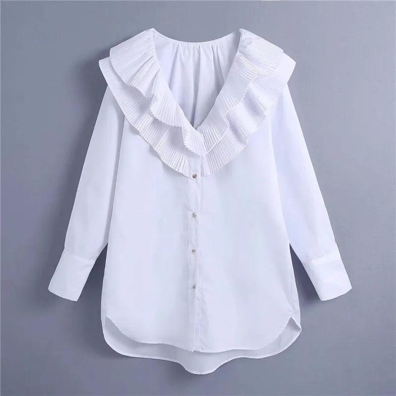 Chemise longue blanche surdimensionnée à volants pour femmes Printemps Plus Taille Manches Top Femme Mode Casual Bouton Up 210519