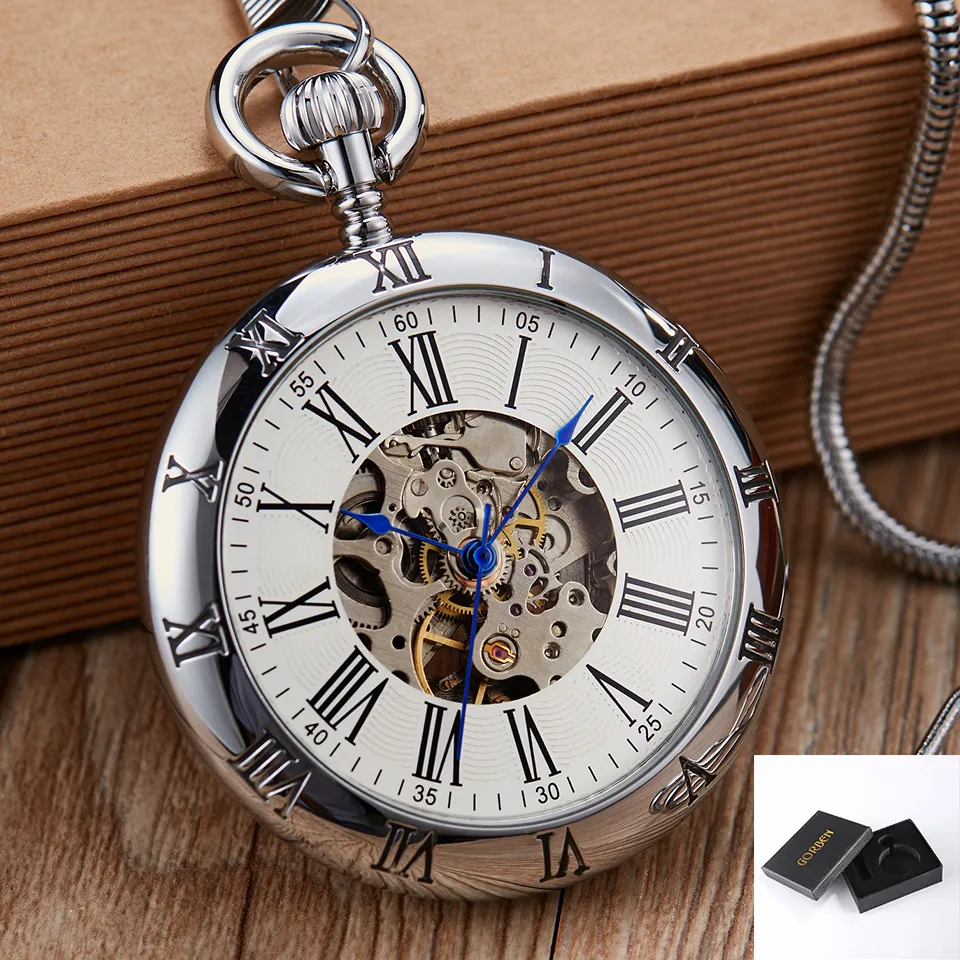 Luxury Gold Automatic Mechanical Pocket Watch Retro Copper Watches Roman Numerals Fob Chain Pendants Men Women323Q