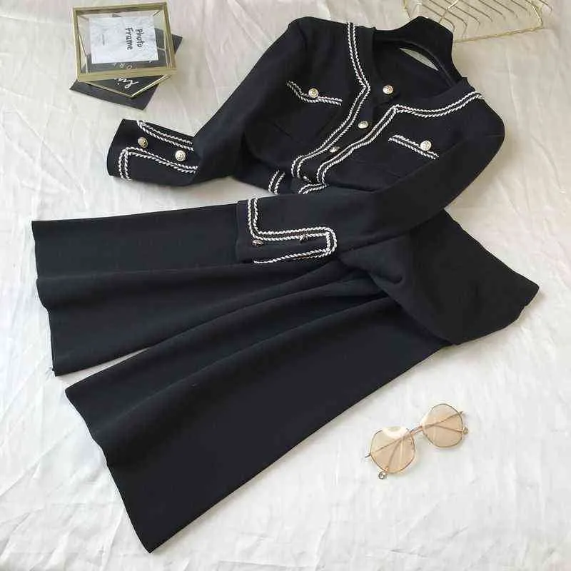 Autumn Korean Color Block Round Neck Double Pocket Stick Cardigan Top + Loose Wide Ben Pants Two-Piece Pants Set Women 211101