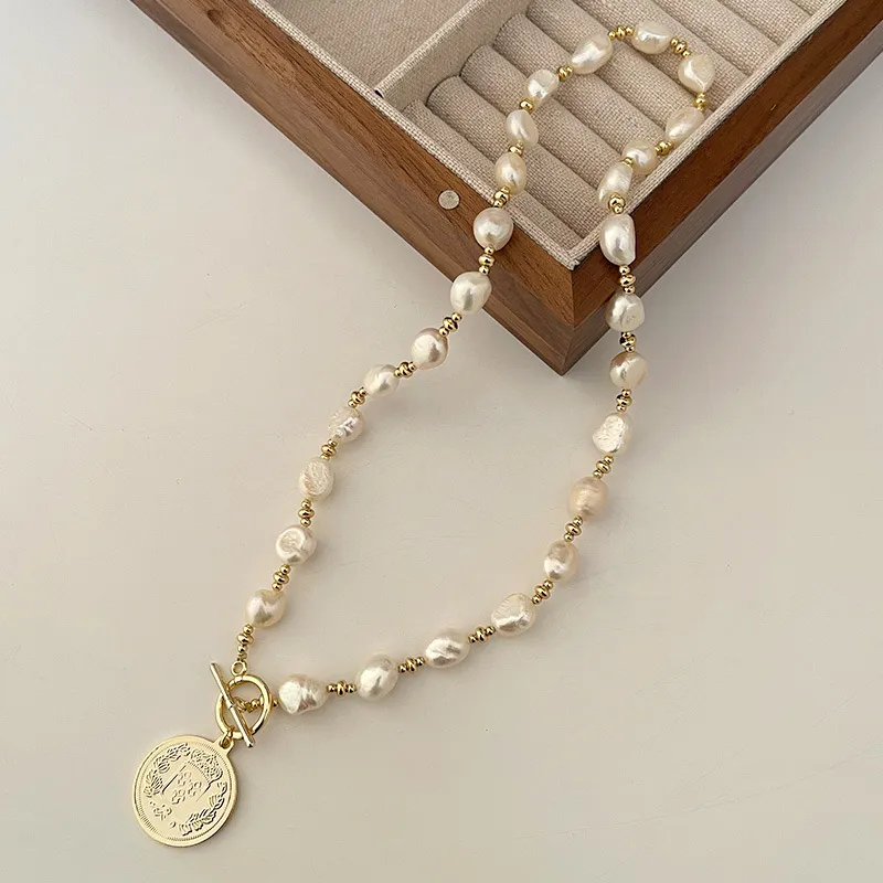 AFSHOR-collar con colgante de retrato de moneda de perla barroca gótica para mujer, cadena de eslabones de capa Vintage, joyería Punk, 2022294W