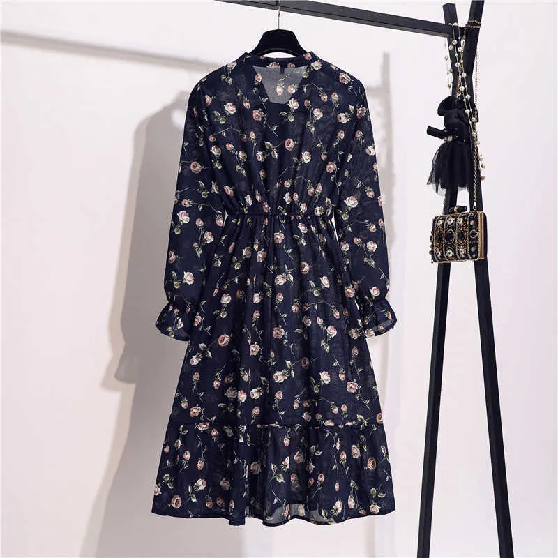 11 Stil Güzel Moda Yaz Kadın Uzun Kollu Elbise Retro Yaka Rahat Yüksek Bel Elbiseler Çiçek Baskı Şifon Giyim Y0603