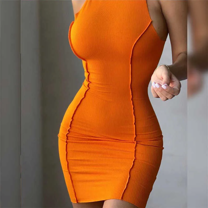 Soild Orange Abito senza maniche sexy Summer Women Bodycon Party Club Mini abito lavorato a maglia donna Donna 210719